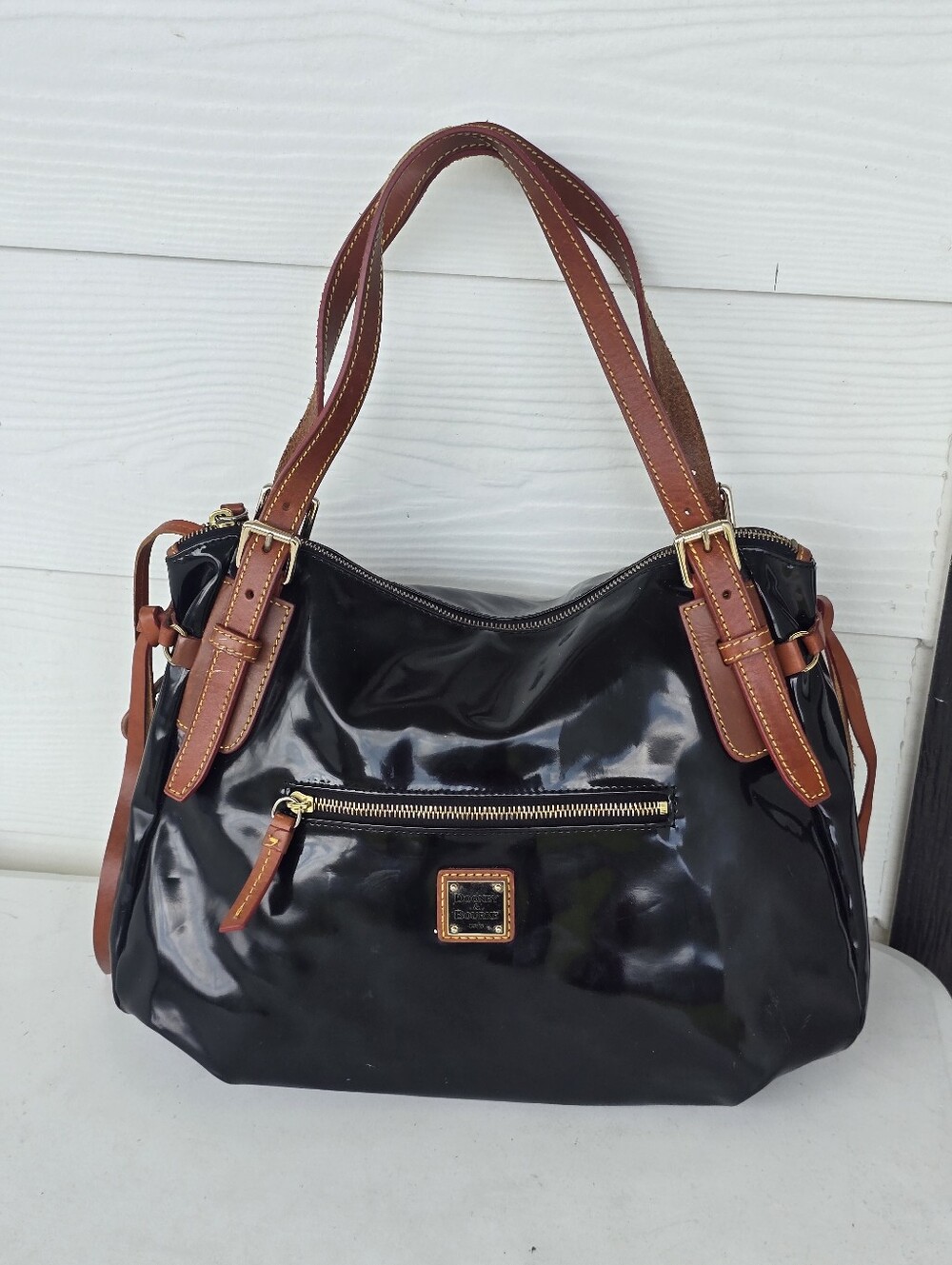 Dooney & Bourke Black Patent Leather Shoulder Hobo Bag Brown Leather Trim Gold